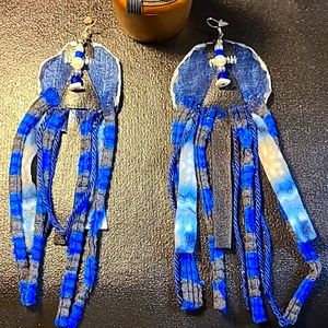 6 inches denim fabric fringes earrings